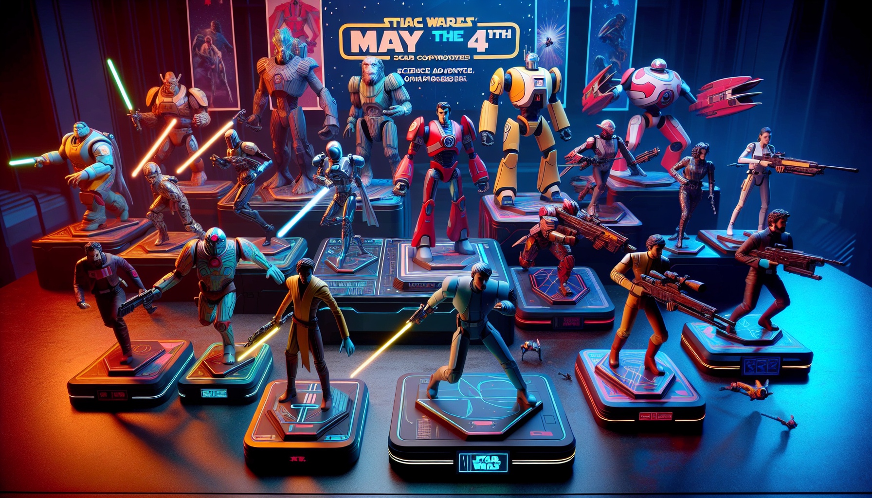 An array of ten detailed Hot Toys figures from the Star Wars universe displayed on a sleek, futuristic table with a May the 4th celebratory banner in the background, each figure positioned in a dynami