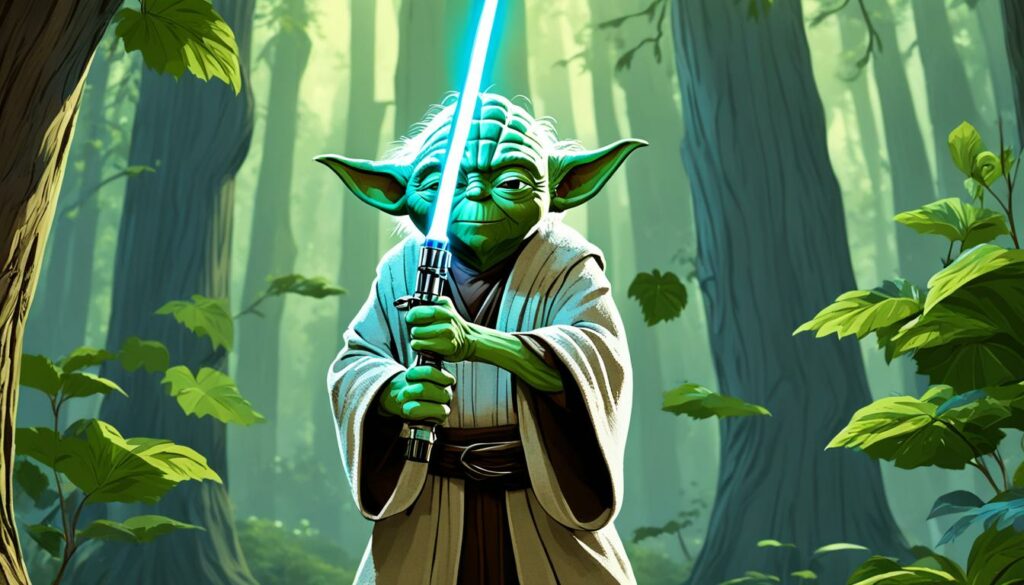 Yoda teaching with lightsaber